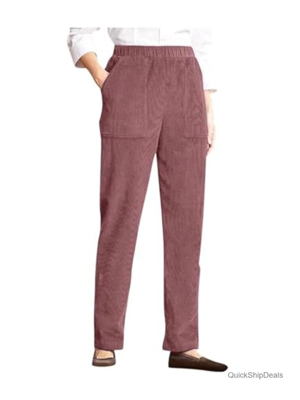 Corduroy Pants Women High Waist Pull On Straight Leg Slacks with Pockets